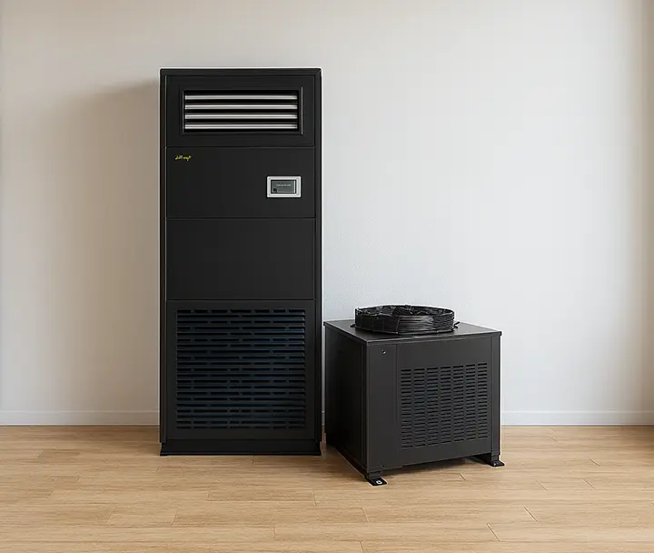 Two black HVAC units, an air handler and a smaller fan coil, on a wooden floor.