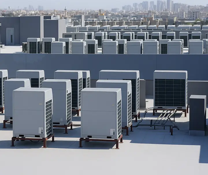 Urban rooftop with rows of large grey air conditioning units against a city skyline.