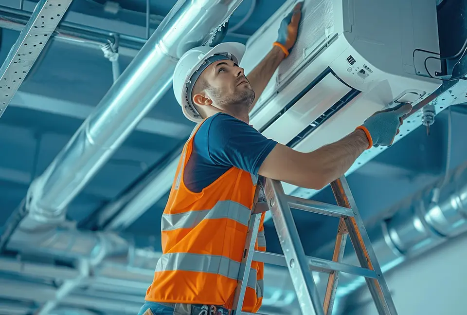 HVAC technician installing AC unit on ladder in industrial setting.
