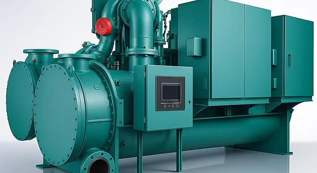 Teal industrial chiller unit with cylindrical vessels, pipes, and control panel.