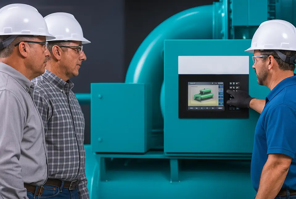 Industrial workers monitor machinery control panel for quality and safety.