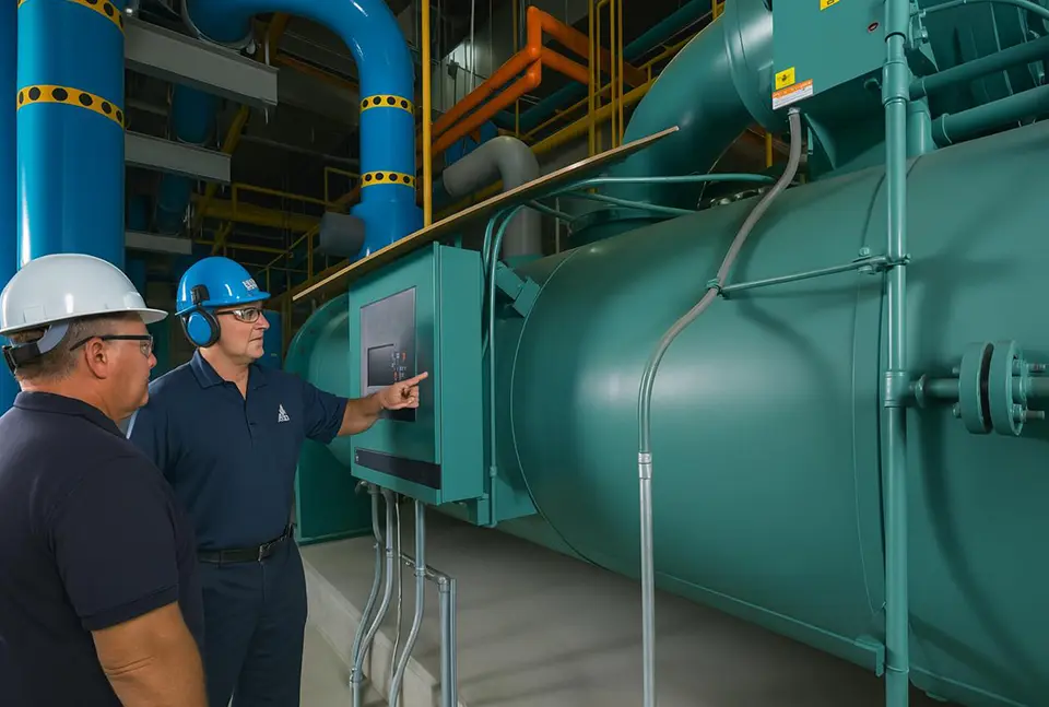 Industrial workers discuss machine control panel operation in a plant.
