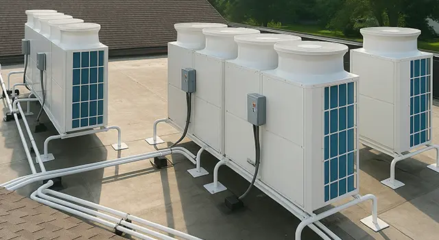 Industrial rooftop HVAC units with white air handling systems.