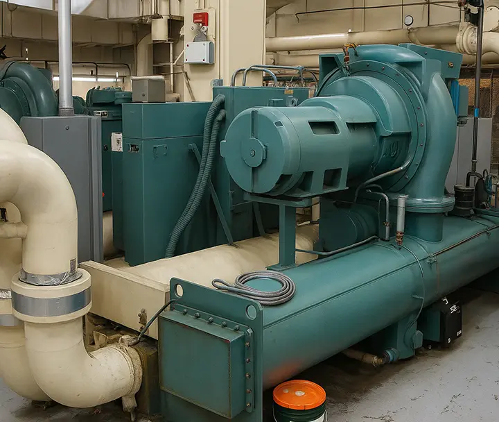 A large green industrial motor and pump system with control panels and pipes.